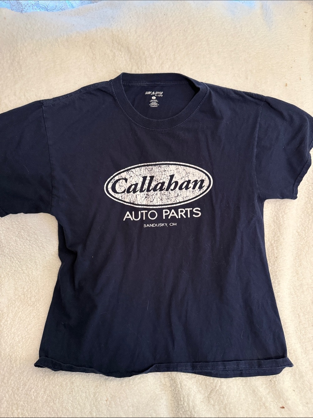 surf style Navy Callahan Auto Parts Graphic Tee